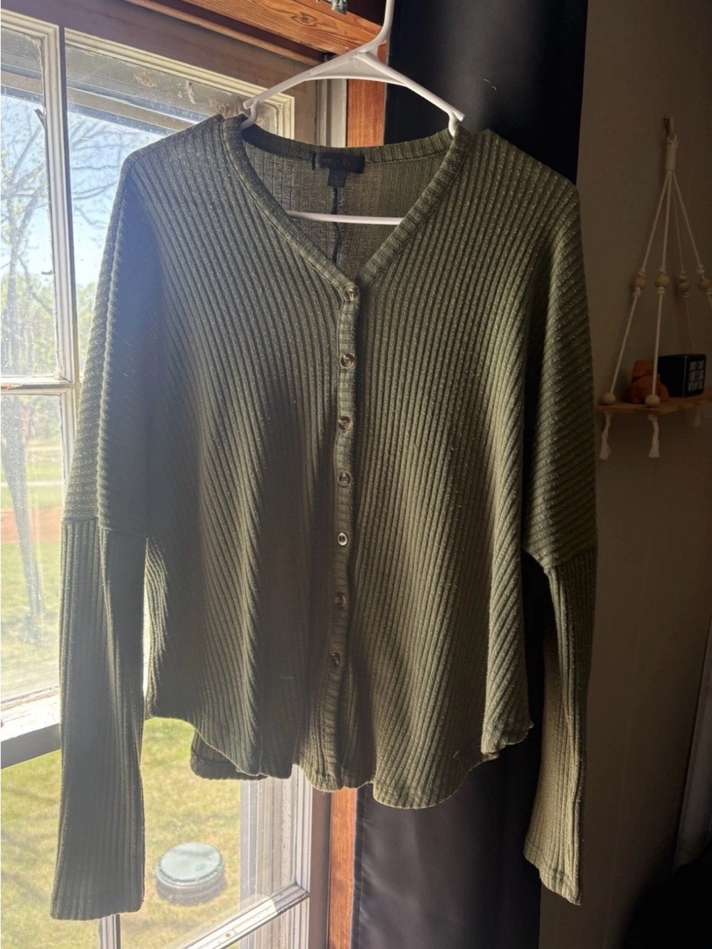 Ribbed V-Neck Button-Front Cardigan - Olive